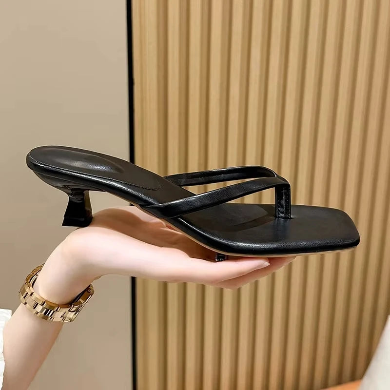 Brand Square Toe Flip Flops For Women Luxury High-end Leather Fashion Sandal Summer Clip Toe Comfort Low Heel Slides Casual Shoe