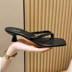 Brand Square Toe Flip Flops For Women Luxury High-end Leather Fashion Sandal Summer Clip Toe Comfort Low Heel Slides Casual Shoe