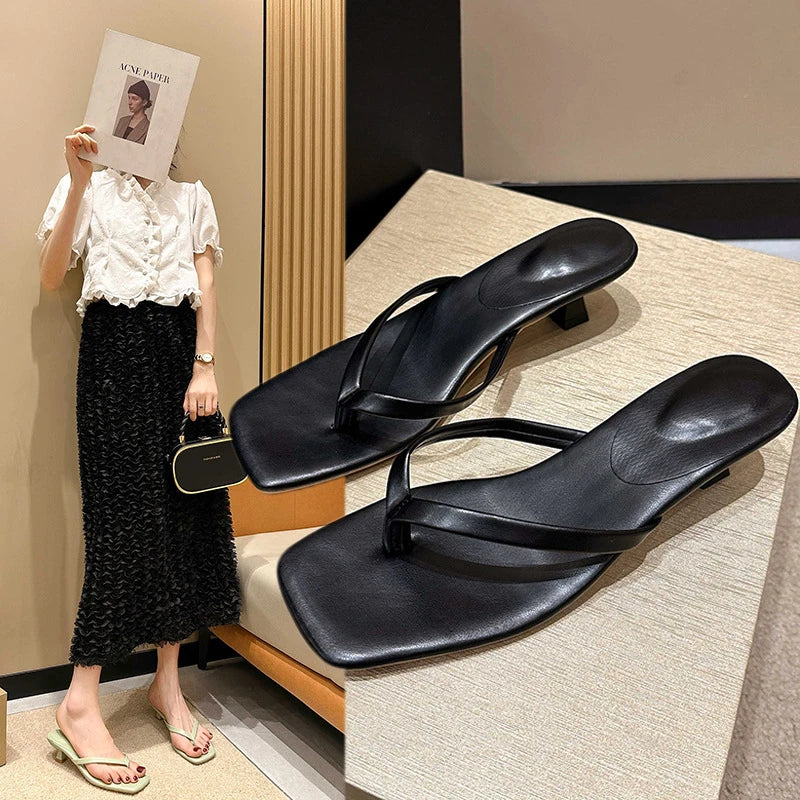 Brand Square Toe Flip Flops For Women Luxury High-end Leather Fashion Sandal Summer Clip Toe Comfort Low Heel Slides Casual Shoe
