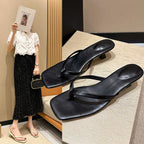Brand Square Toe Flip Flops For Women Luxury High-end Leather Fashion Sandal Summer Clip Toe Comfort Low Heel Slides Casual Shoe