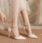High Heeled Shoes Women's Sandals with A Thin Heel and Pointed Toe A Straight Cut Lace Surface White Pearl Bridal Shoes Women