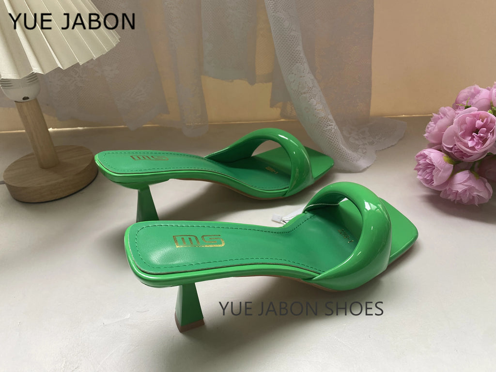 Green Silver High Heel Slippers Women Open Toe Slingback Sandals Female Pumps Square Toe Summer Simple Designer Heeled Sandals
