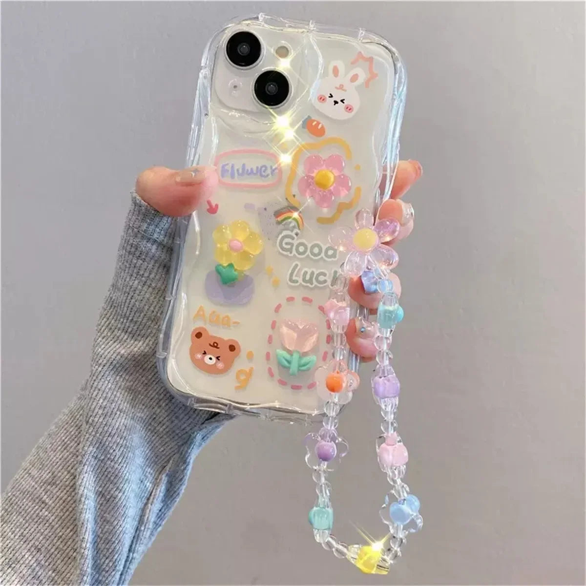 Korean 3D Bear Lanyard Clear iPhone Case