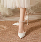 High Heeled Shoes Women's Sandals with A Thin Heel and Pointed Toe A Straight Cut Lace Surface White Pearl Bridal Shoes Women