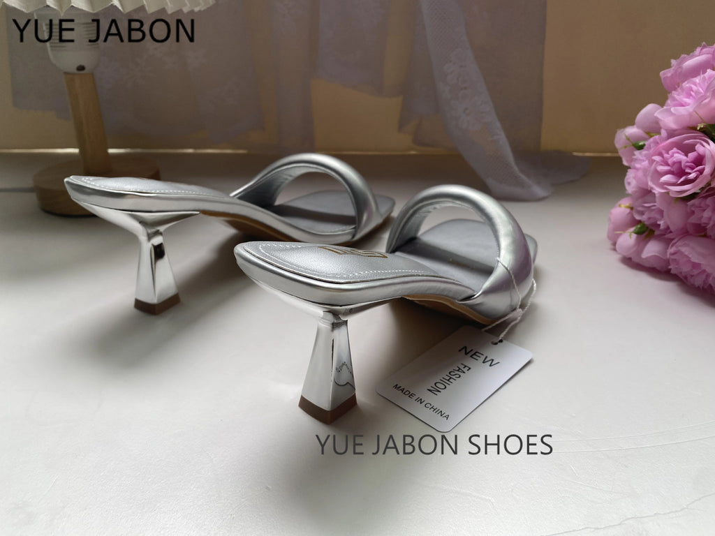 Green Silver High Heel Slippers Women Open Toe Slingback Sandals Female Pumps Square Toe Summer Simple Designer Heeled Sandals