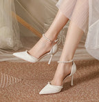 High Heeled Shoes Women's Sandals with A Thin Heel and Pointed Toe A Straight Cut Lace Surface White Pearl Bridal Shoes Women