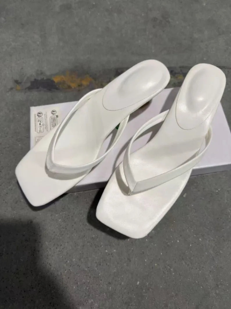 Brand Square Toe Flip Flops For Women Luxury High-end Leather Fashion Sandal Summer Clip Toe Comfort Low Heel Slides Casual Shoe