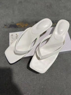 Brand Square Toe Flip Flops For Women Luxury High-end Leather Fashion Sandal Summer Clip Toe Comfort Low Heel Slides Casual Shoe