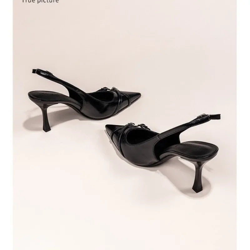 Fashionable Pointed Toe Shallow Mouth New High-heeled Shoes Summer Elegant Buckle Decorated Stiletto Black Women's Shoes NO:602