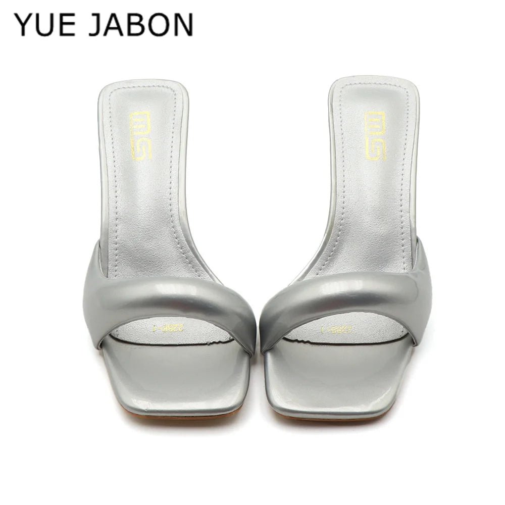 Green Silver High Heel Slippers Women Open Toe Slingback Sandals Female Pumps Square Toe Summer Simple Designer Heeled Sandals