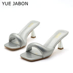 Green Silver High Heel Slippers Women Open Toe Slingback Sandals Female Pumps Square Toe Summer Simple Designer Heeled Sandals