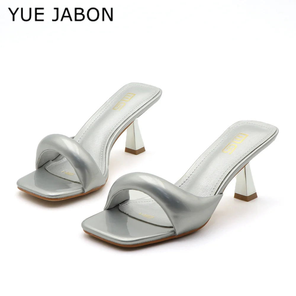 Green Silver High Heel Slippers Women Open Toe Slingback Sandals Female Pumps Square Toe Summer Simple Designer Heeled Sandals