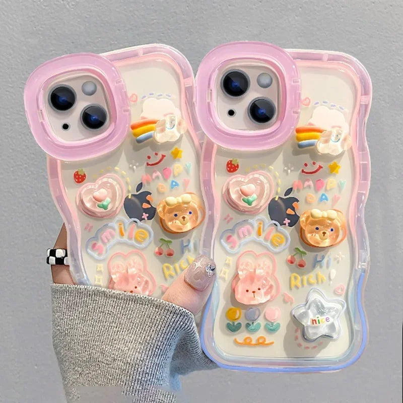 Bead Bracelet Chain Phone Holder Case For iPhone 15 16 17 14 13 12 11 Pro Max Plus XS XR 3D Rainbow Bracket Holder Stand Cover